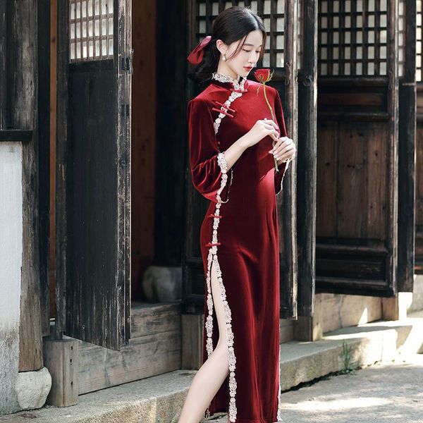 

ethnic clothing 2021 chinese style traditional women red velour high split cheongsam elegant mandarin colla long sleeve qi pao vestidos