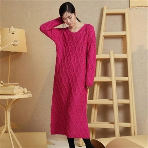 

casual dresses 100% hand made merino wool argyle thick knit women fashion loose long pullover sweater dress oneck white one&over size, Black;gray