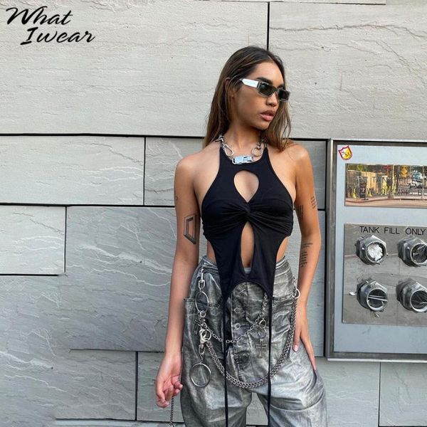 

women's tanks & camis whatiwear hipster hollow slim halter crop women simple stretch streetwear office lady fashion tank black vest, White