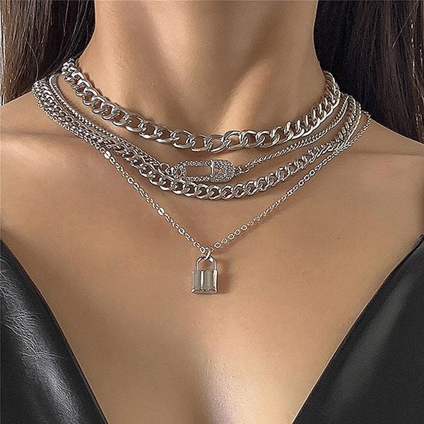 

pendant necklaces punk rhinestone pin lock women vintage multilayer thick chain geometric choker necklace colar jewelry gift, Silver