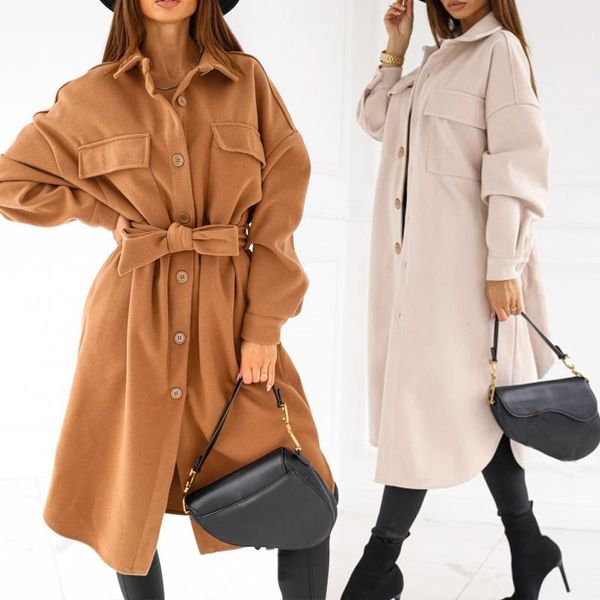 

women's wool & blends 2021 lapel long coat autumn winter warm fashion woolen outerwear female elegant lace pocket decoration clothing, Black