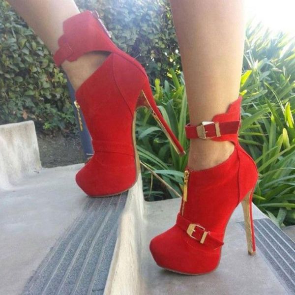 

high heels party 2021 women shoes buckle strap close toe ultra thin heel spring red flock round night club boots, Black