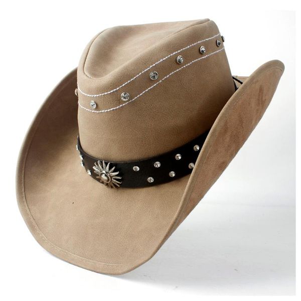 

cloches retro style western cowboy hat with punk leather ribbon for women men sombrero cap roll up, Blue;gray