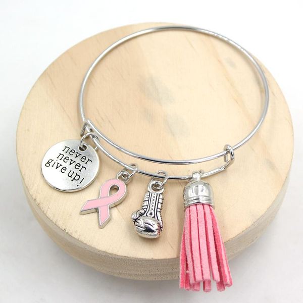 

wholesale 10pcs breast cancer awareness bangle bracelet jewelry pink ribbon fighting box gloves bracelets for women charm, Golden;silver
