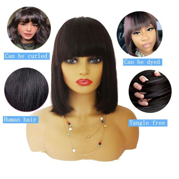 

lace wigs virgin brazilian straight human hair with bangs remy full machine made for women fringe wig, Black;brown