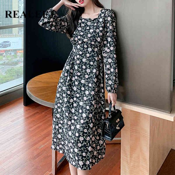 

vintage floral printed women's dresses long sleeve square collar female loose a-line midi dress spring summer 210428, Black;gray