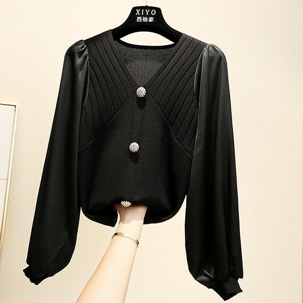 

women's sweaters splicing spring and autumn korean pin bead lantern long sleeve ol pullover bottoming sweater for women, White;black
