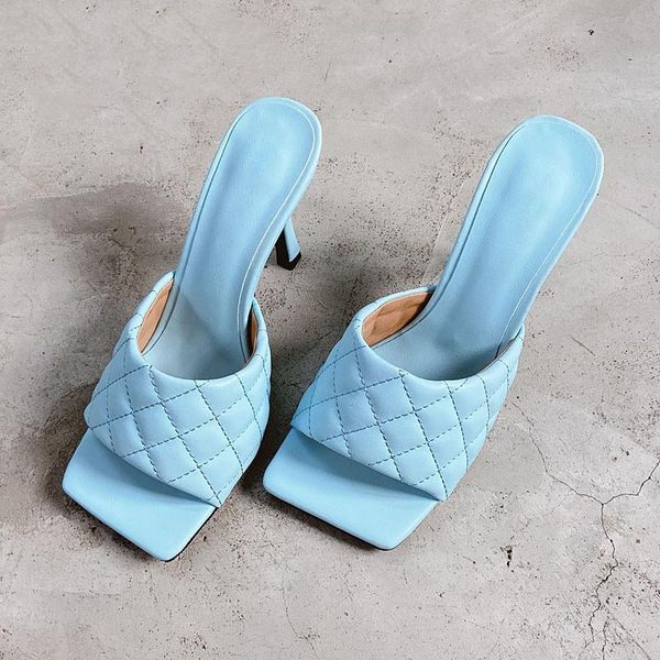 

slippers 2021 vintage square toe slipper sandals women solid gingham high heel women's block ladies shoes pumps, Black