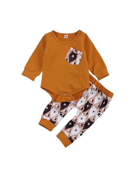 

clothing sets 2pcs children little baby boy girl suit crew neck long sleeve solid color with pocket cartoon print pants spring fall, White