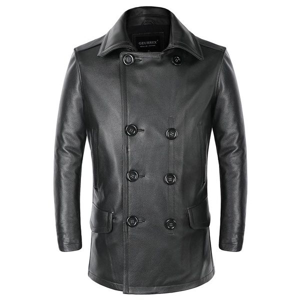 

men's leather & faux genuine trench autumn winter cowhide coat fashion double breasted formal black real overcoat