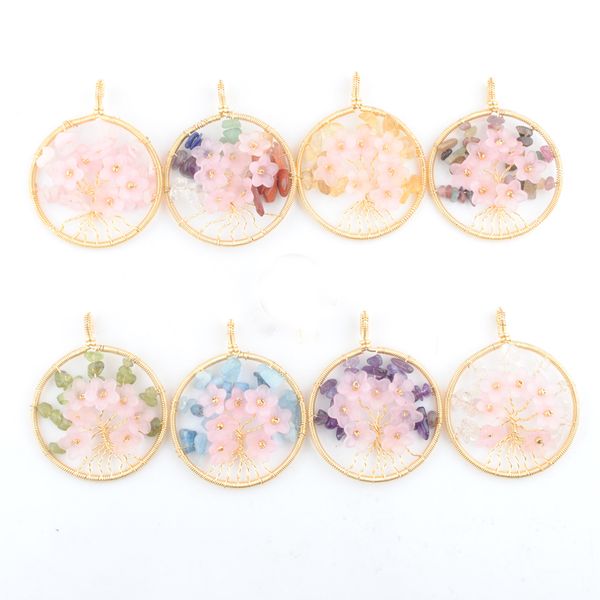 

natural gemstone tree of life pendants 7 chakra handmade chips stone reiki healing gold color copper wire wrapped charm round circle 50mm wo, Silver