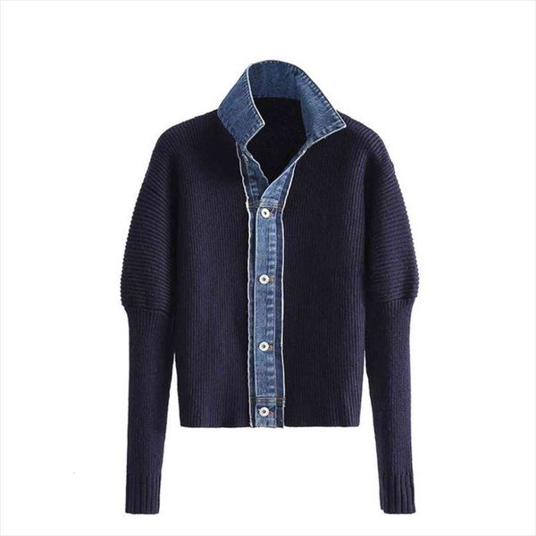

[ewq] autumn women loose single sweater breasted versatile long sleeve patchwork denim knitted cardigan 8q739, White;black