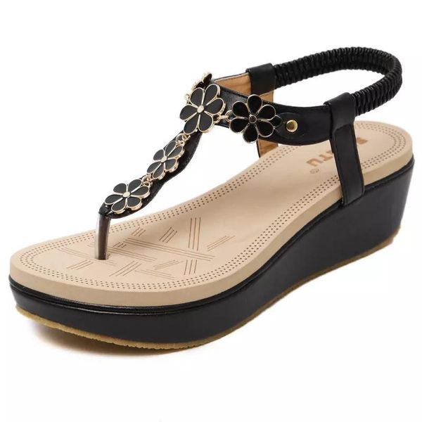 

women's summer thick soled sandals clip toe flower herringbone fashion soft non slip rubber black apricot