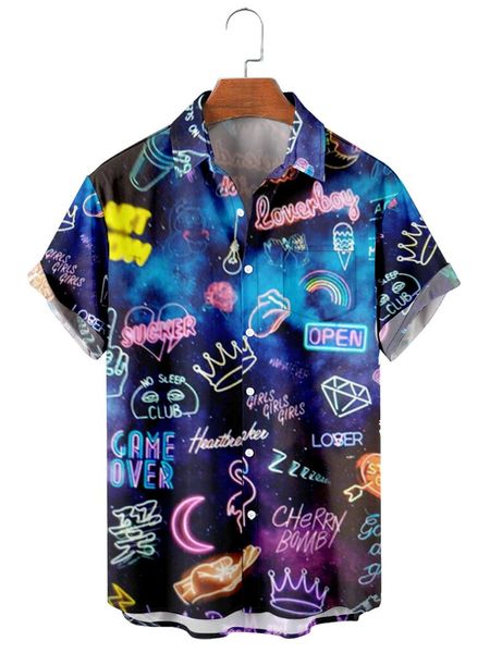 

men's casual shirts 2021 short sleeve lapel shirt large size neon lights 3d printed with pocket, White;black