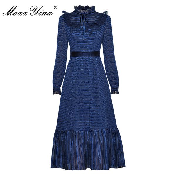 

fashion dress autumn women's dress stand collar long sleeve ruffles striped vintage elegant dresses 210524, Black;gray