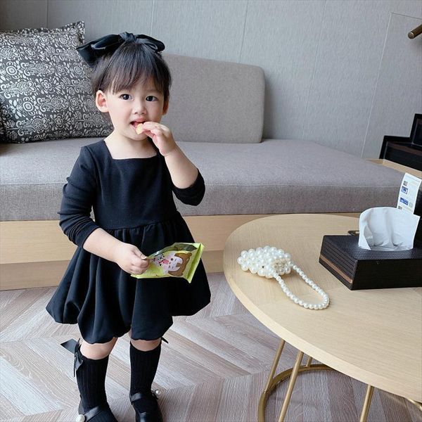 

spring toddler girls sqare girl dress collar black pearl baby princess puffy kids fashion clothing, Red;yellow