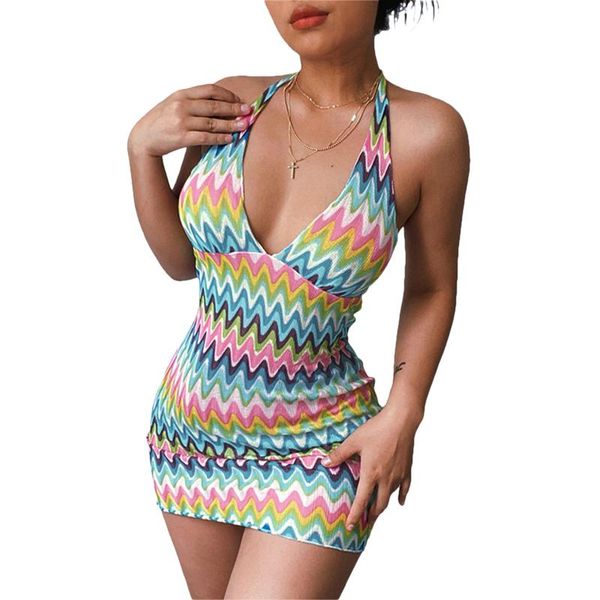 

women's swimwear fashion color wavy striped knitted dress summer ladies v neck sleeveless backless halter, White;black