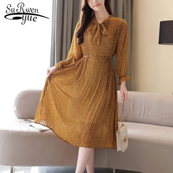 

casual dresses vestidos long sleeve high waist elegant vintage midi ladies korean bow print chiffon women dress clothing 8636 50, Black;gray