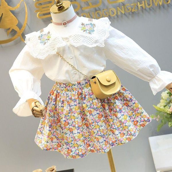 

baby girls fashion clothing set big lace embroidery shirts+floral skirts,kids girl princess birthday suits children clothes sets, White