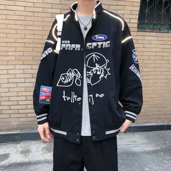 

men's spring and autumn night vision reflective hip hop baseball et youth korean loose cardigan versatile stand collar et, Black;brown