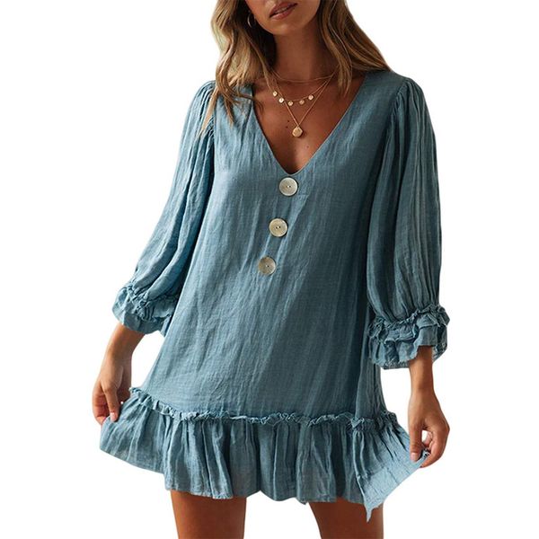 

ruffle new women's a-line skirt loose long sleeve hem cotton linen dress, White;black
