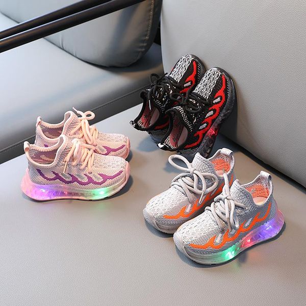 

spring children's led lighted woven sports shoes boys girls mesh light casual breathable sneaker running athletic & outdoor, Black