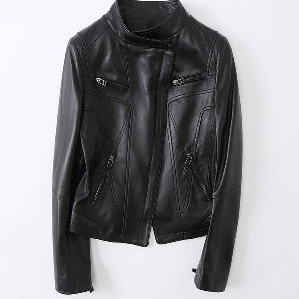 

women's leather & faux short locomotive jacket sheepskin for women, Black