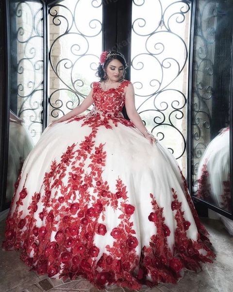 Elfenbein Quinceanera Kleider mit 3d roten Blumen Schatz Tüllkugel Kleid süße 16 Kleider Vestidos de 15 aos