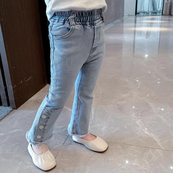 

jeans korean style baby girls denim flare pants fashion toddlers kids elastic trousers for 1-7yrs solid color children, Blue