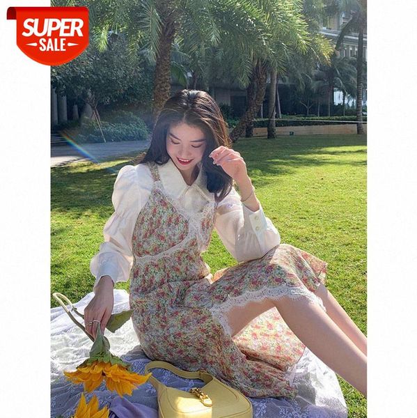 

[sweet tea] french retro tea break floral split sling dress suit shirt #vi36, White;black