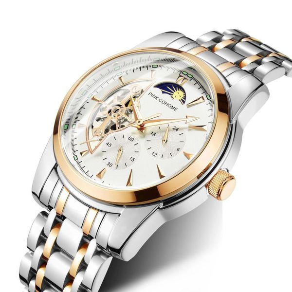 

wristwatches steel belt multifunctional mechanical watch fine bracelet 24-hour stars small 3-pin perspective window unique, Slivery;brown