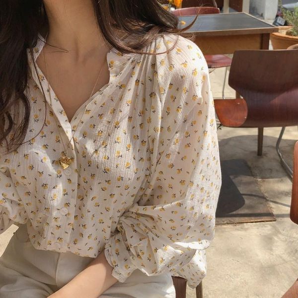 

women's blouses & shirts stand collar floral long-sleeved blouse han fanxia 2021 style loose all-match student petal sleeve, White