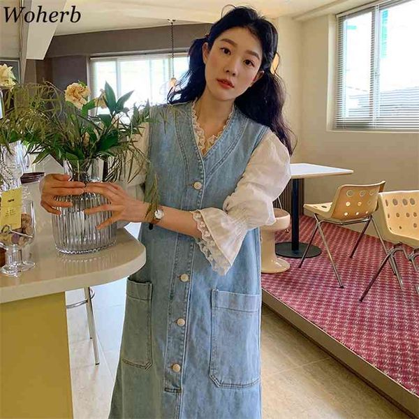 Camicia bianca della patchwork della patchwork del merletto delle donne di due pezzi + vestito da tasca allentato della tasca del vestito del denim Maxi Dress Korean Chic Suit 2 Set 210519