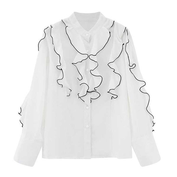 

spring summer stand neck cascading ruffle long sleeve blouse solid chiffon casual shirt elegant fashion women clothing 210525, White