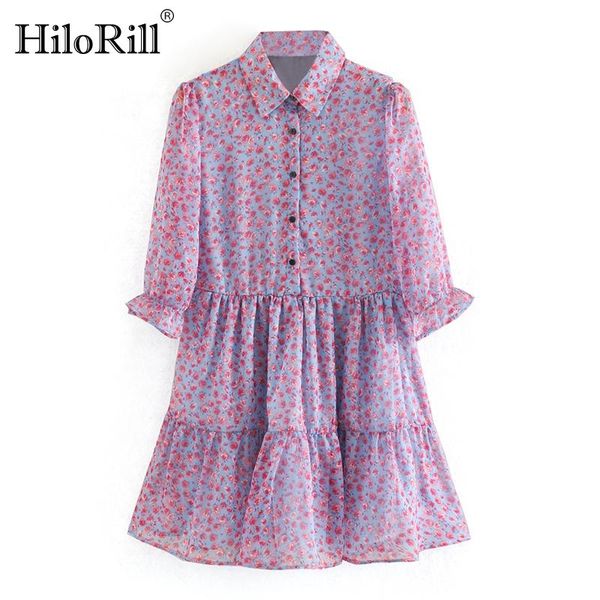 

casual dresses hilorill women chiffon mini 2021 ruffle long sleeve floral print dress turn down collar chic ladies shirt, Black;gray