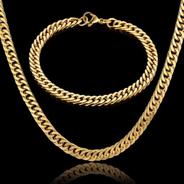

earrings & necklace hip hop 7mm gold color long cuban link chain necklaces bracelets for men stainless steel hiphop jewelry sets drop, Silver