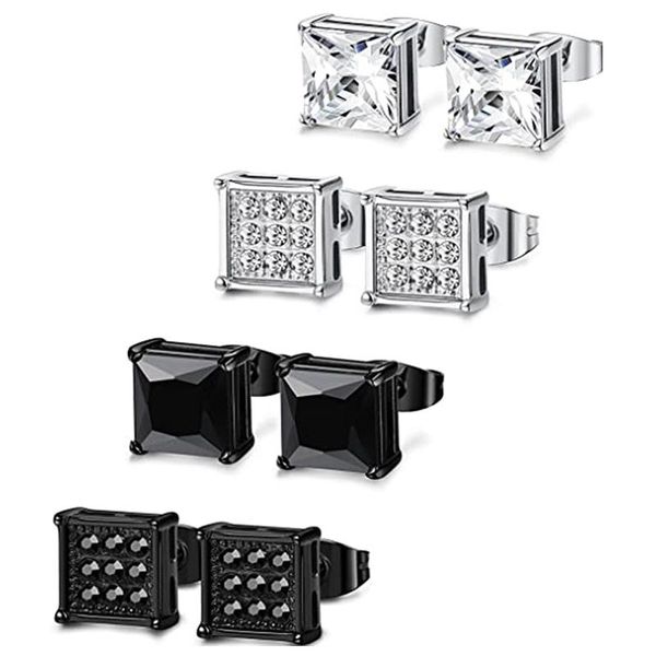 

stud 4 pairs fashion stainless steel earring set hao shi square cz earrings 6mm, Golden;silver