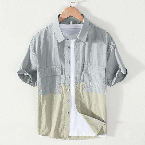 

men's casual shirts 9802 summer men cotton japan style double pocket lapel short sleeve loose-fit color contrast patchwork simple male, White;black
