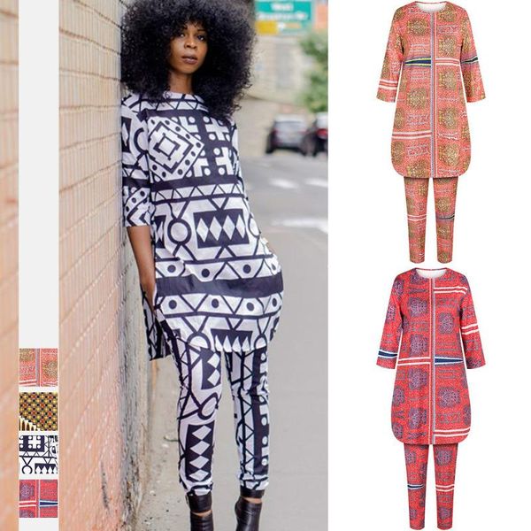 

ethnic clothing summer african national costume in summe 3 / 4 sleeve straight pants round hem 3d print casual suit party set po outfit, Red