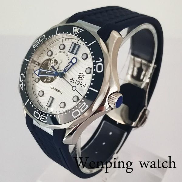 

wristwatches 41mm sterile white dial silver case mens watches green luminous sapphire glass rubber strap nh39 automatic movement, Slivery;brown