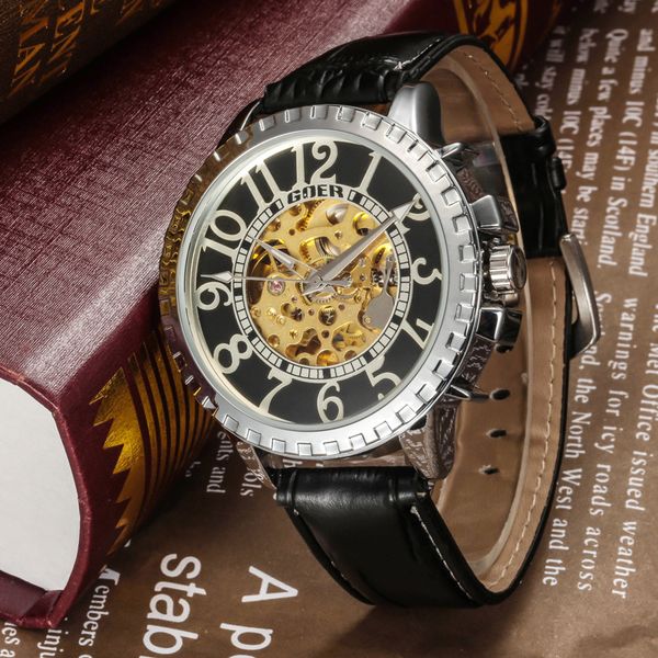 

goer mechanical watch men's hollow out, Slivery;brown