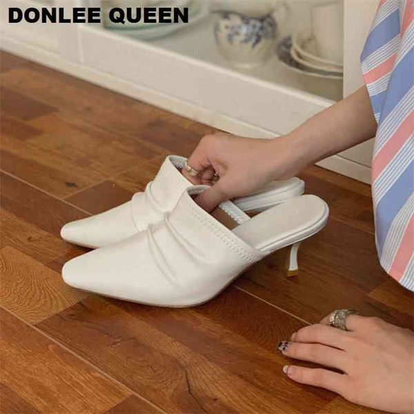 

designer women slippers slip on slides thin heels shoes brand pleated mules elegant ladies outdoor slipper mujer 210619, Black