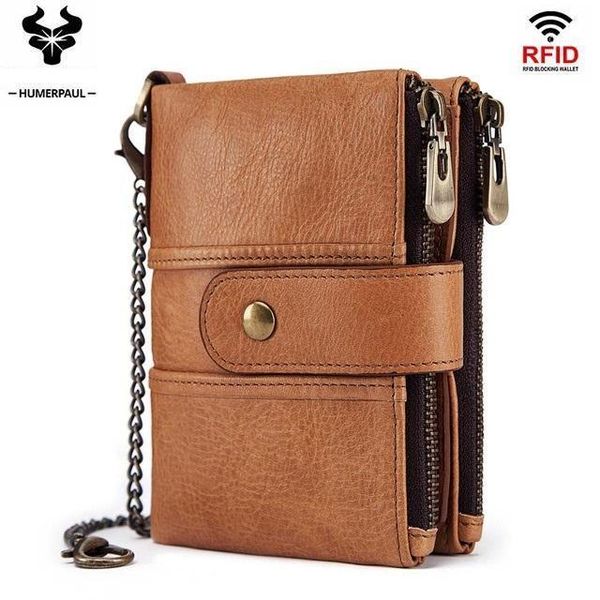 

luxury genuine leather wallet rfid anti-theft brush buckle double zipper fashion coin purse multiple card slots money bag wallets, Red;black