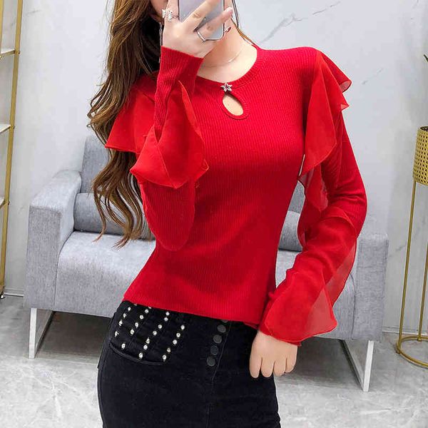 

christmas gift luxury design women's o neck ruffles long sleeves t-shirt autumn female pullover casual tees a3788 210428, White