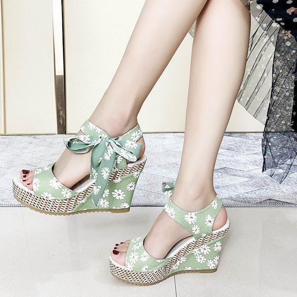 

dress shoes women sandals dot bowknot design platform wedge female casual high increas ladies fashion ankle strap open toe, Black