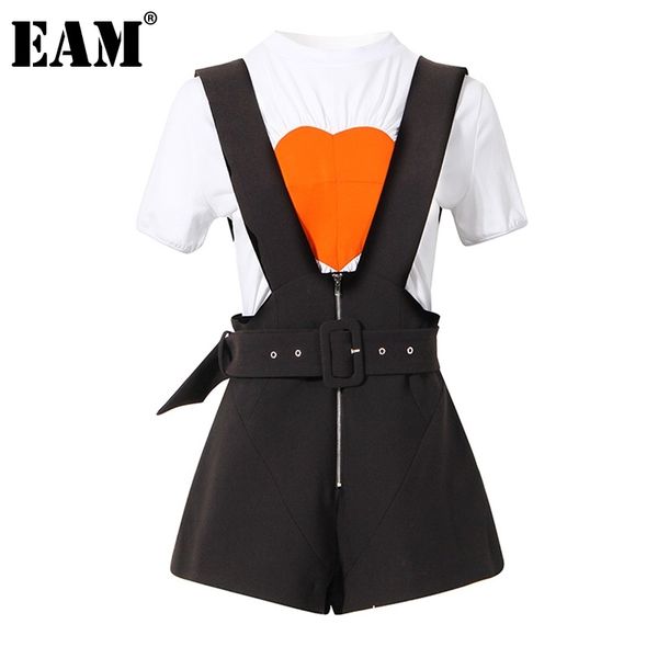 

[eam] wide leg shorts two piece suit round neck short sleeve black loose fit women fashion spring summer 1dd8070 210512, White