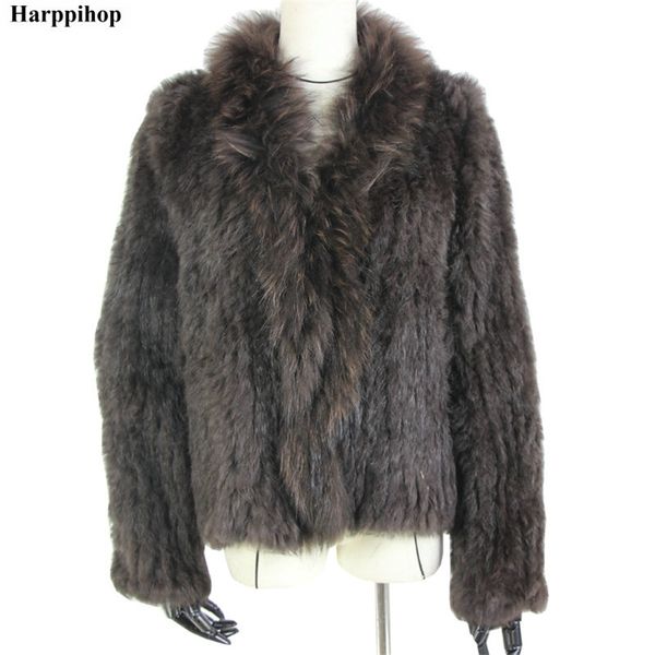 

harppihop rabbit fur genuine knitted coat for women raccoon fur collar jacket trench outwear fashion street party jacketc918 211019, Black