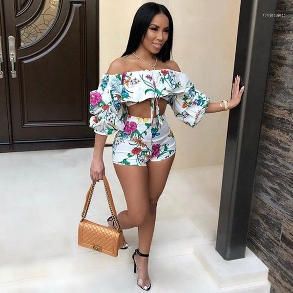 

half puff sleeve two piece set women slash neck backless short and summer mujer empire sheath floral print b90711, White