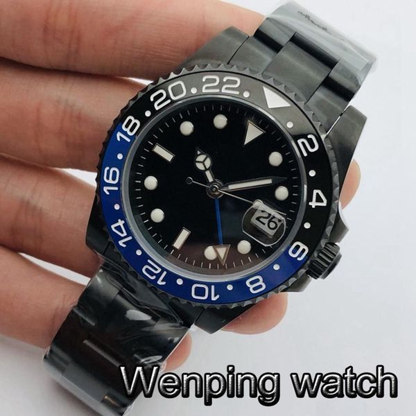 

bliger 40mm men luxury gmt mechanical watch black pvd case sapphire glass ceramic beads sterile dial automatic, Slivery;brown