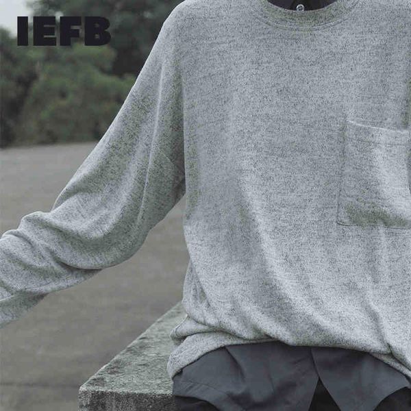 

iefb comfortable round collar kintted t-shirt for men spring single pockets loose casual pullovers 210524, White;black
